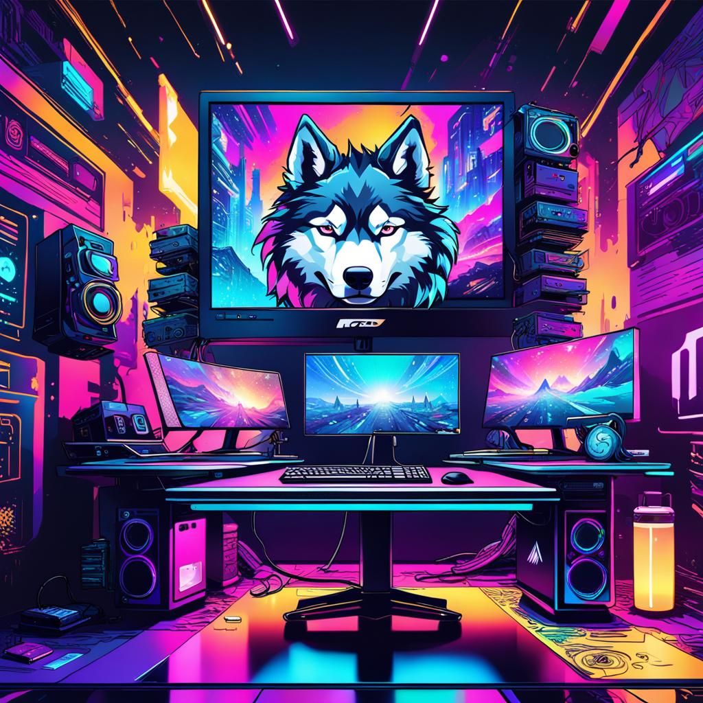 Cyberpunk PC Setup with Sleeping Husky