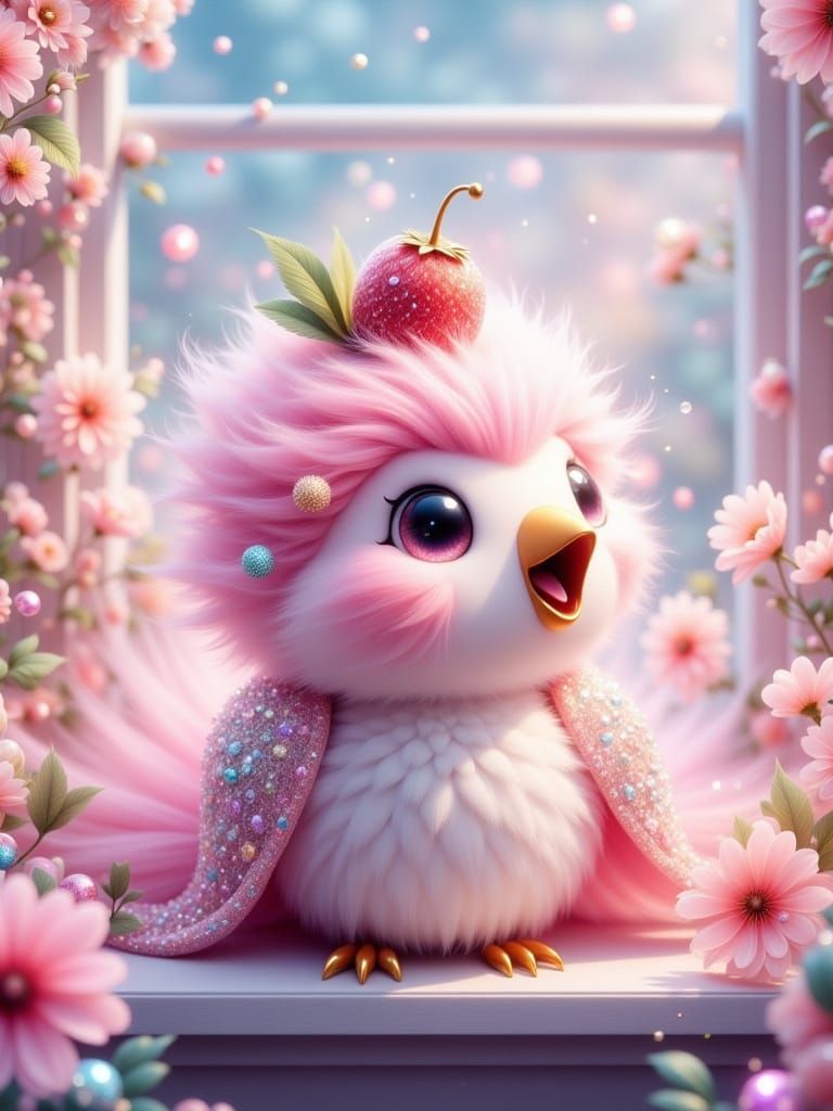 Kawaii Bird with Strawberry Hat in Anime Style