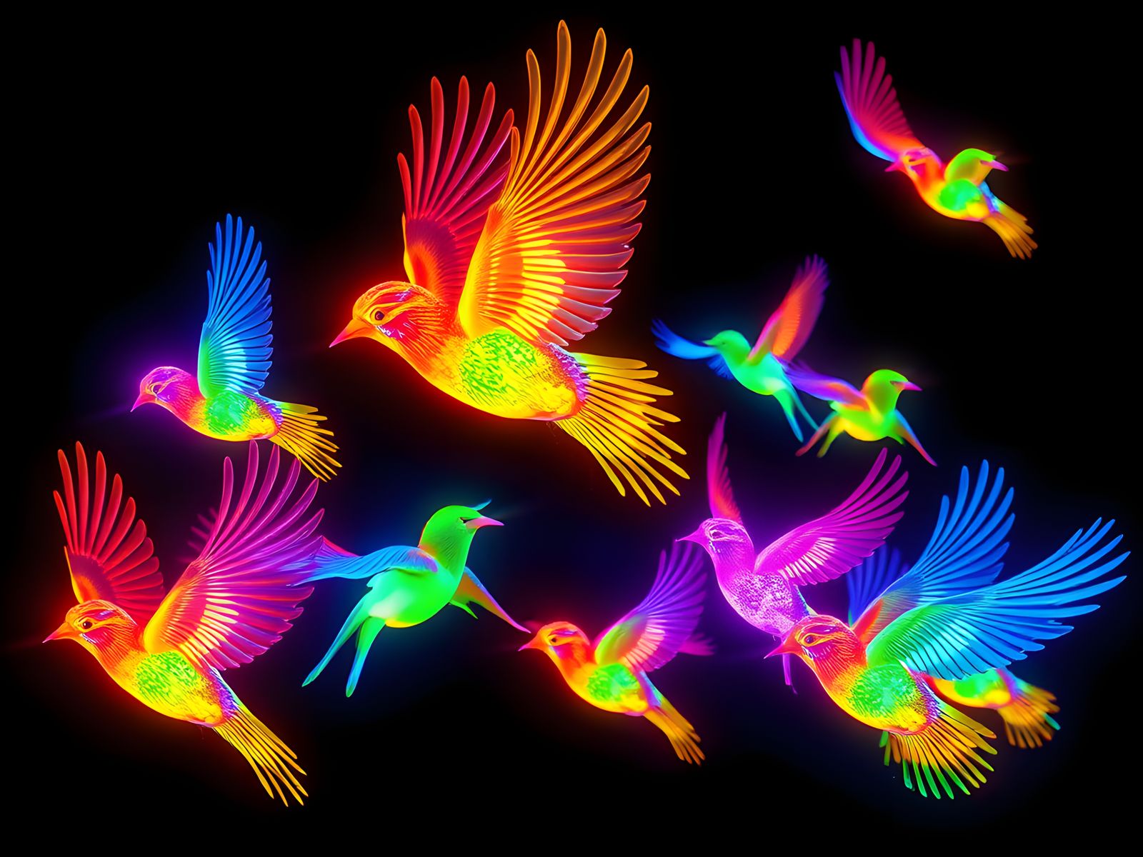 Glowing Light-Birds in Neon Black Light Art