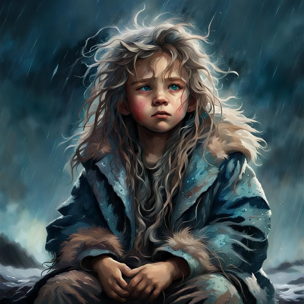 Child and Magical Animal in Storm, Detailed Matte Painting