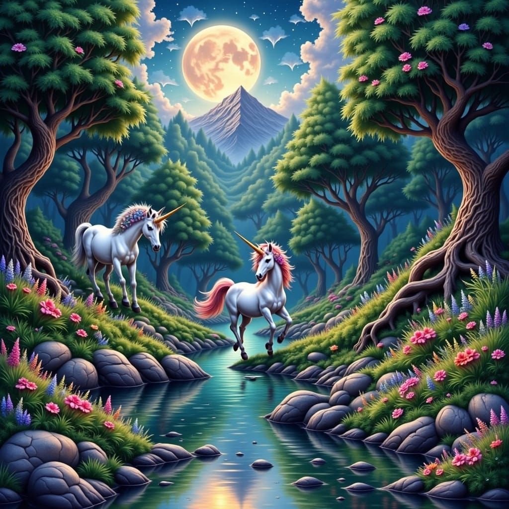 Symmetrical Unicorn Scene with Whimsical Elements