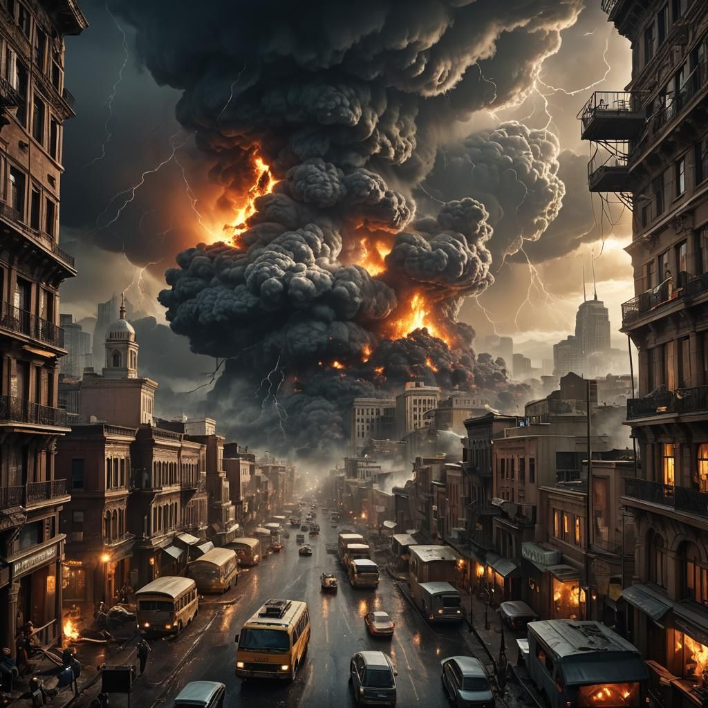 Newborn in Fiery City During Storm: Digital Matte Painting