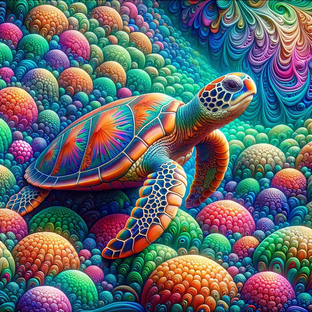 Colorful 3D Sea Turtle in Pastel Coral Reef