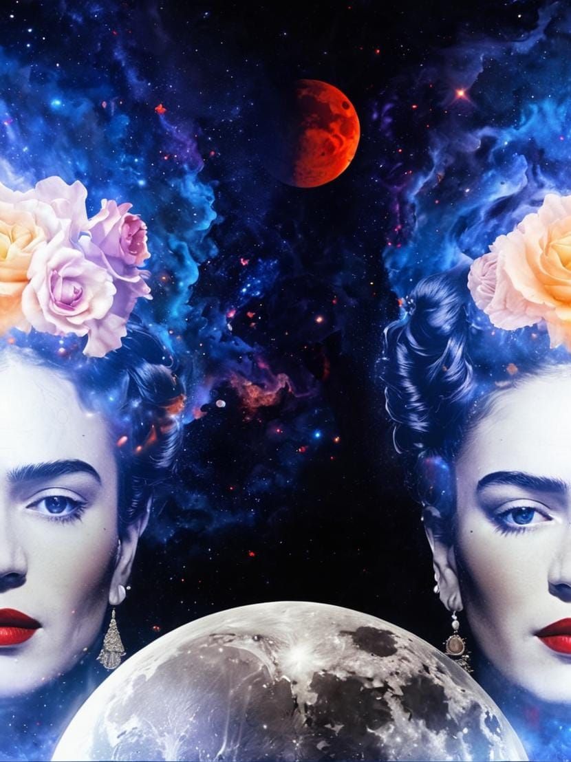 Cosmic Floral Goddess with Mirrored Faces in a Starry Galaxy