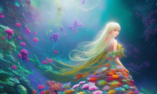 Laughing Woman in Floral Mycelium, Anime Style