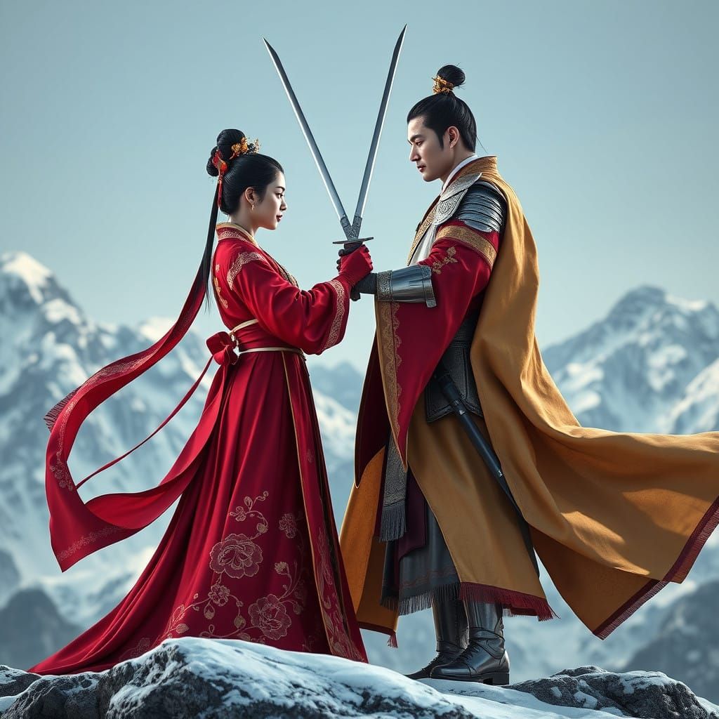 Elegant Joseon Warrior Couple in Crimson Hanbok and Battle A...