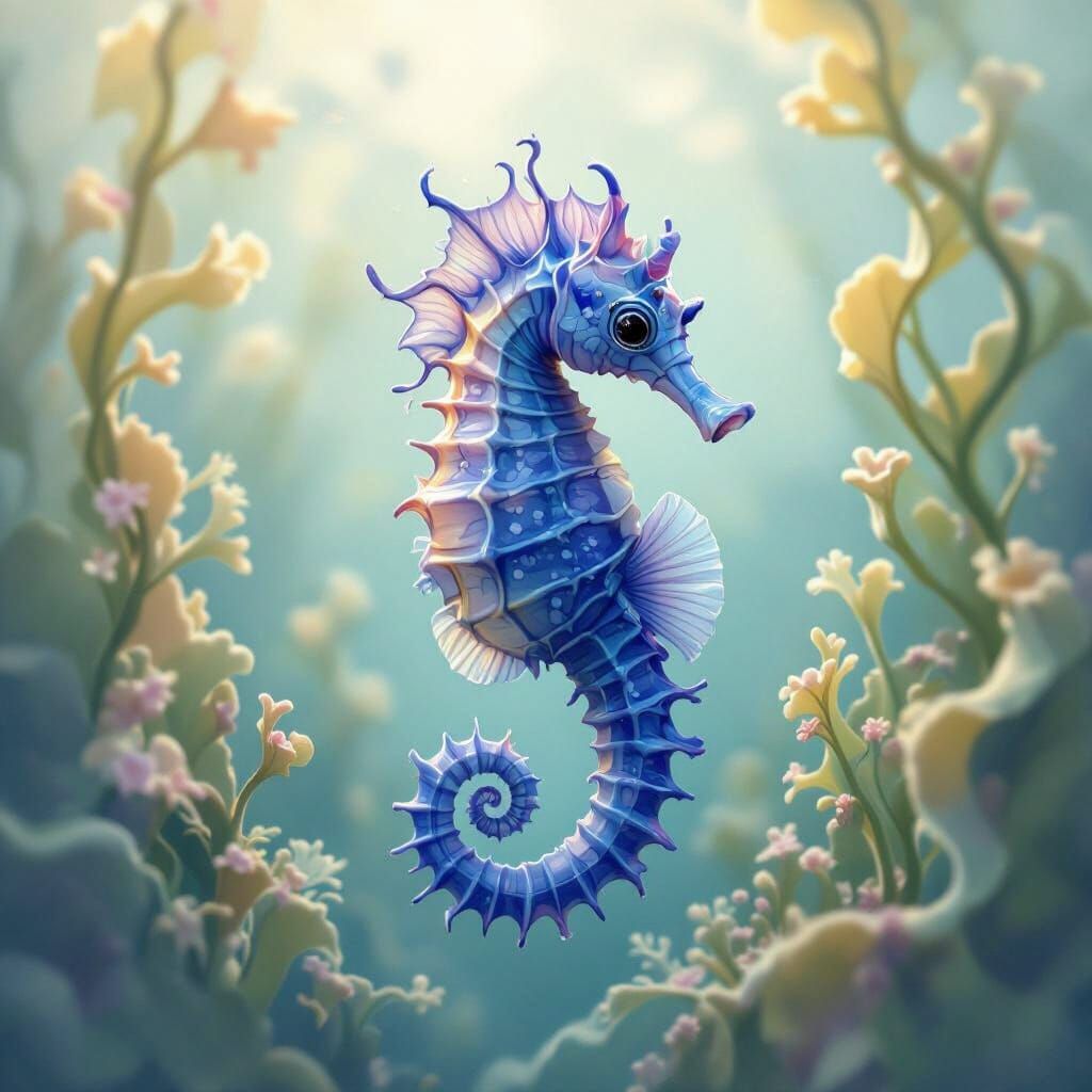 Blue-Violet Seahorse Swimming in Algae, Dreamy Illustration