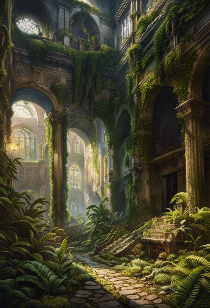 Overgrown Post-Apocalyptic Ruins in Photorealistic Style