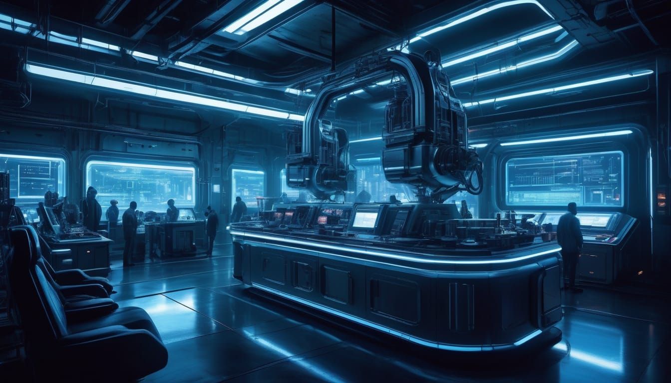 Futuristic Laboratory Scene in Neon-Lit Cityscape
