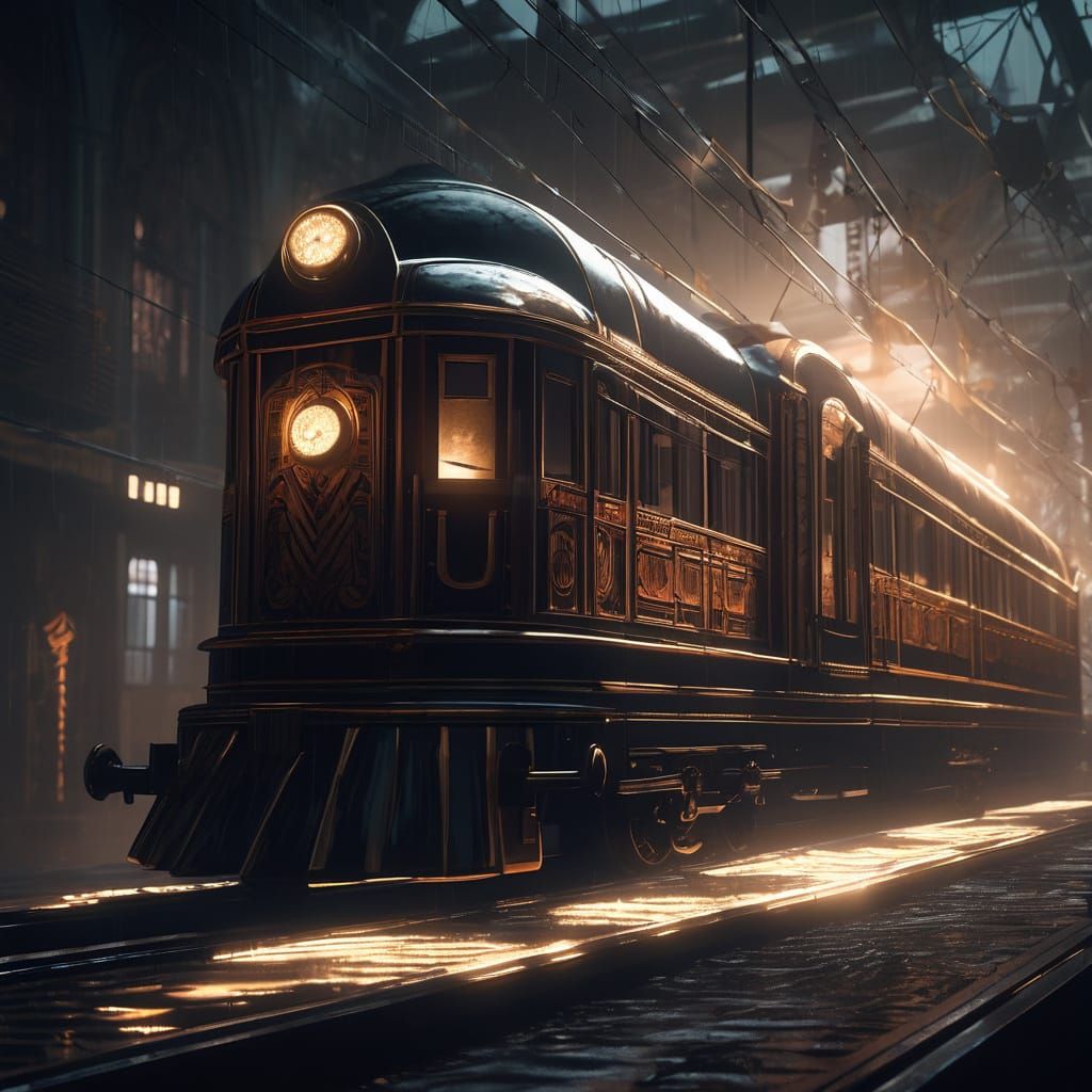 Eerie Art Deco Circus Train on Rainy Night