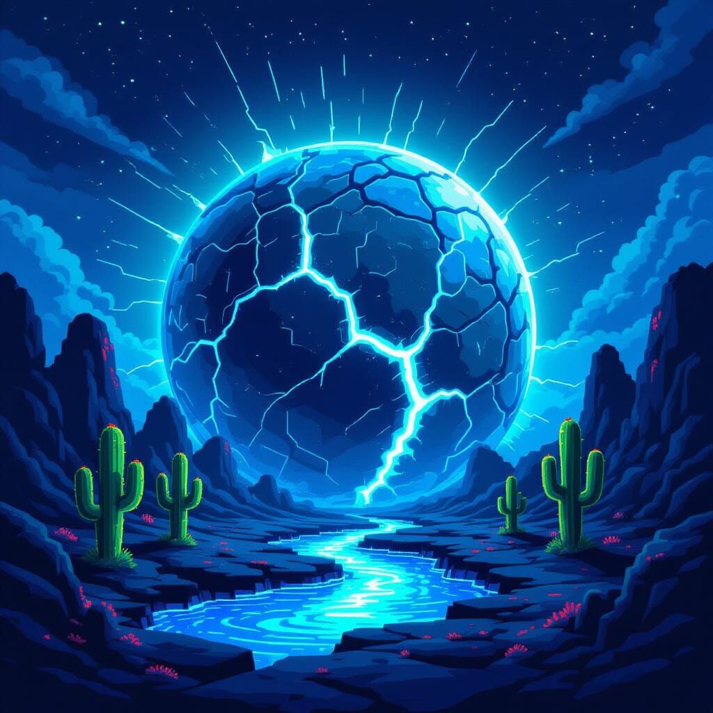 Pixel Art Planet Fissures With Blue Radiation Mist and Alien...