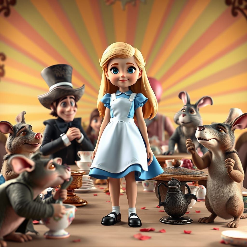Whimsical Tea Party with Alice in Pixar Style