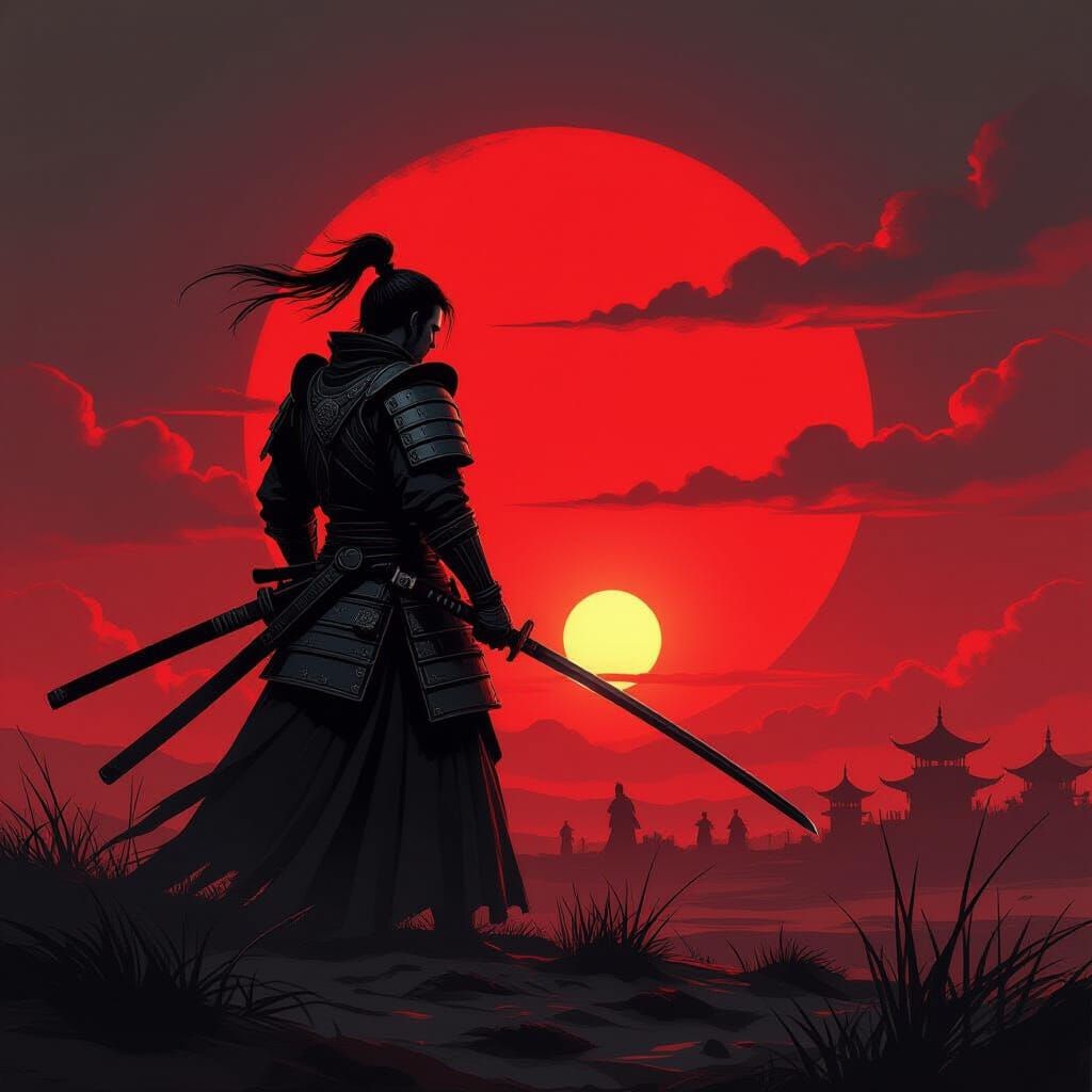 Samurai Warrior at Sunset in Dark Fantasy Style