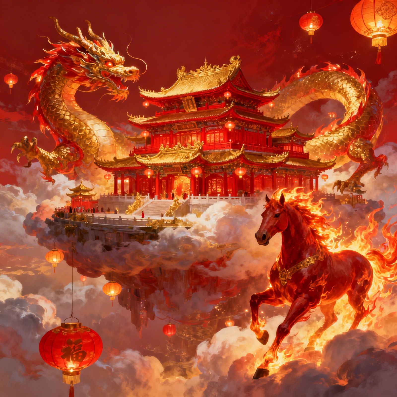 Chinese Sky Palace with Dragon and Fire Horse