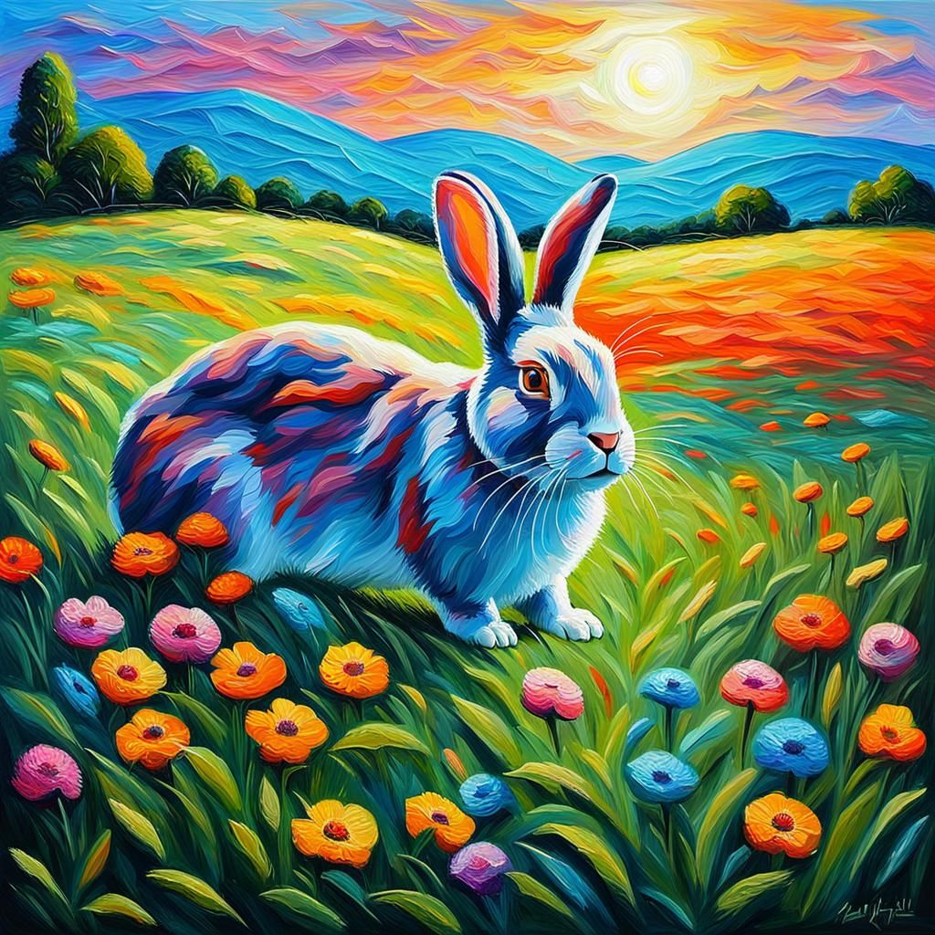 Impasto Rabbit in a Vibrant Countryside Scene