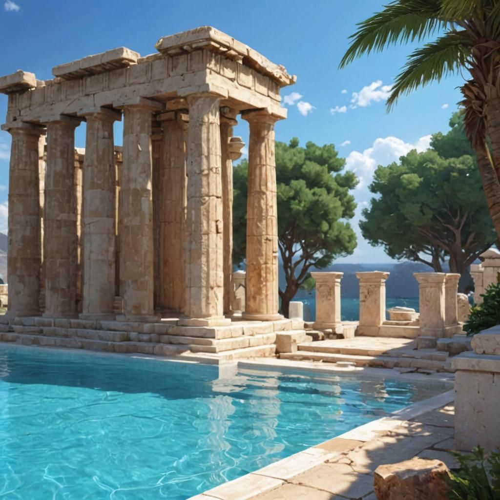Greek Temple Pool in 3D Anime Style