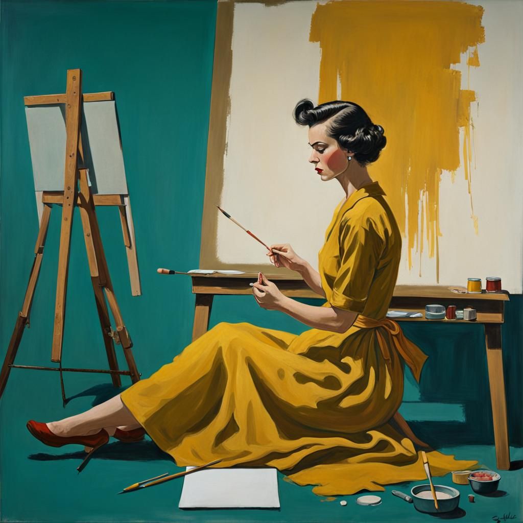 1950s Artist Painting, Egon Schiele Style