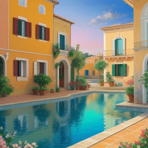 Italian Villa by the Sea in Impressionist Style