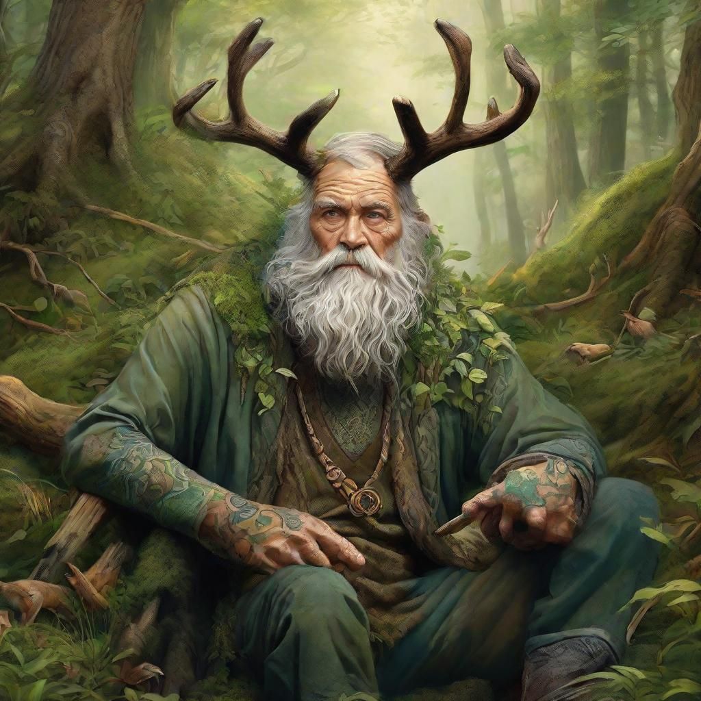 Ancient Celtic Druid with Antlers in Forest