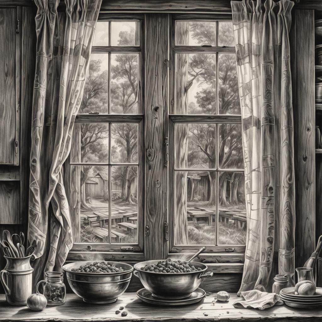 Rustic Kitchen Still Life in Charcoal Sketch