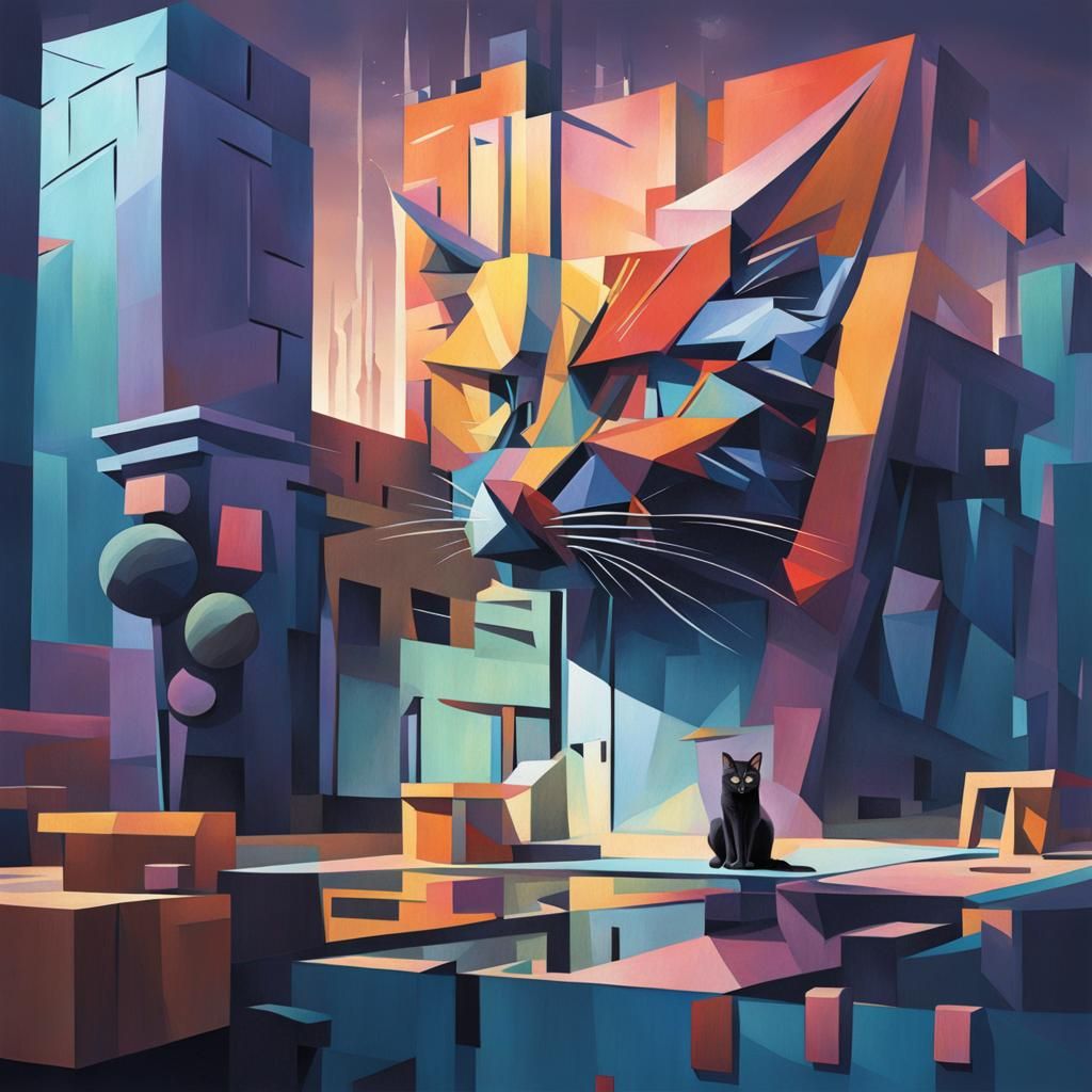 Hyperrealistic Cat in Creepy Cubist Motel