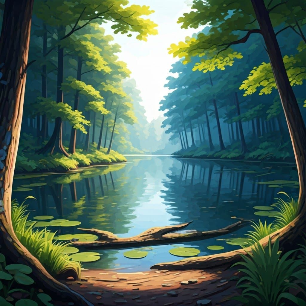 Lush Lake Scene with Graffiti Art Elements