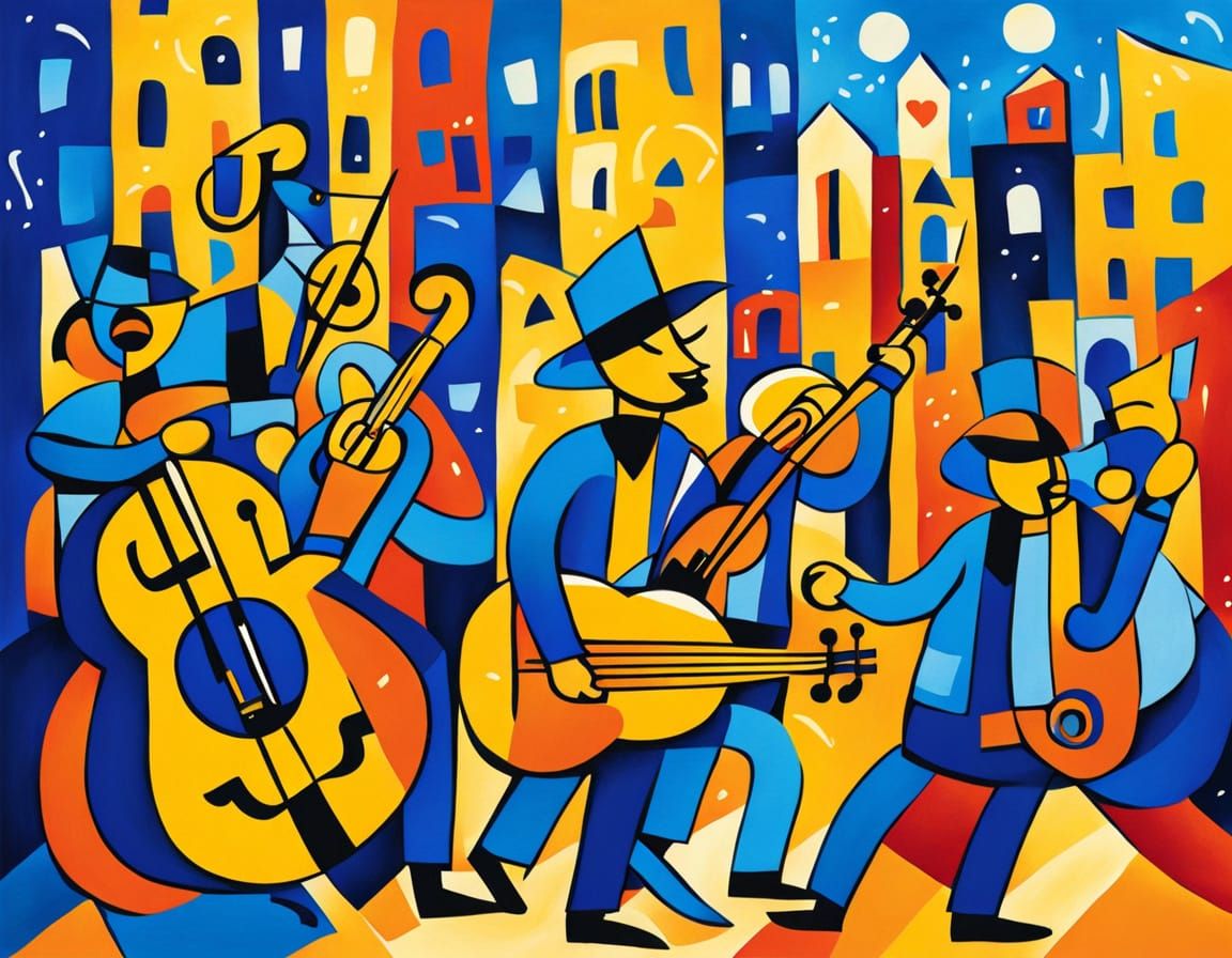 Joyful Musicians in Vibrant Expressionist Cityscape
