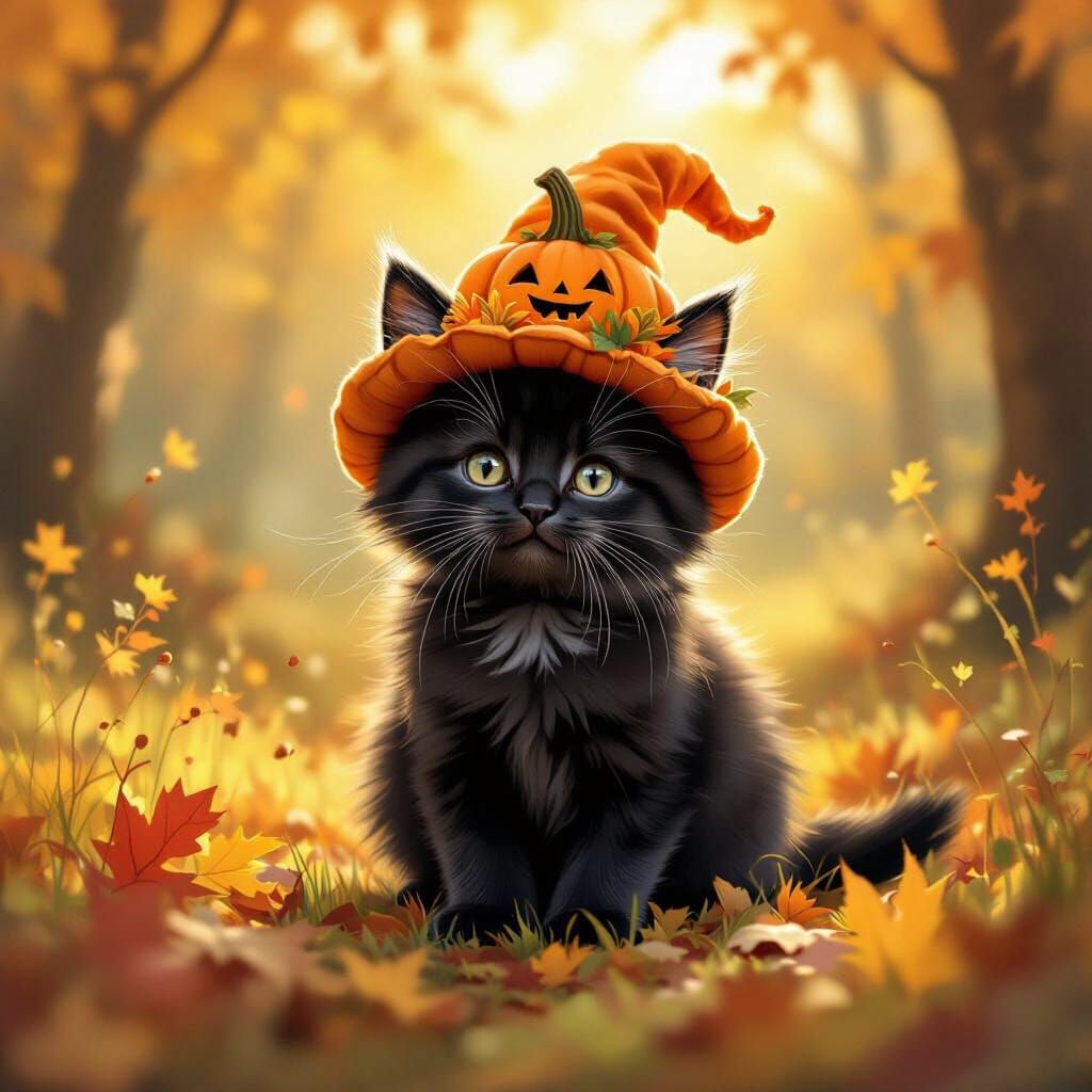 Fluffy Black Cat in Pumpkin Hat in Autumn Forest