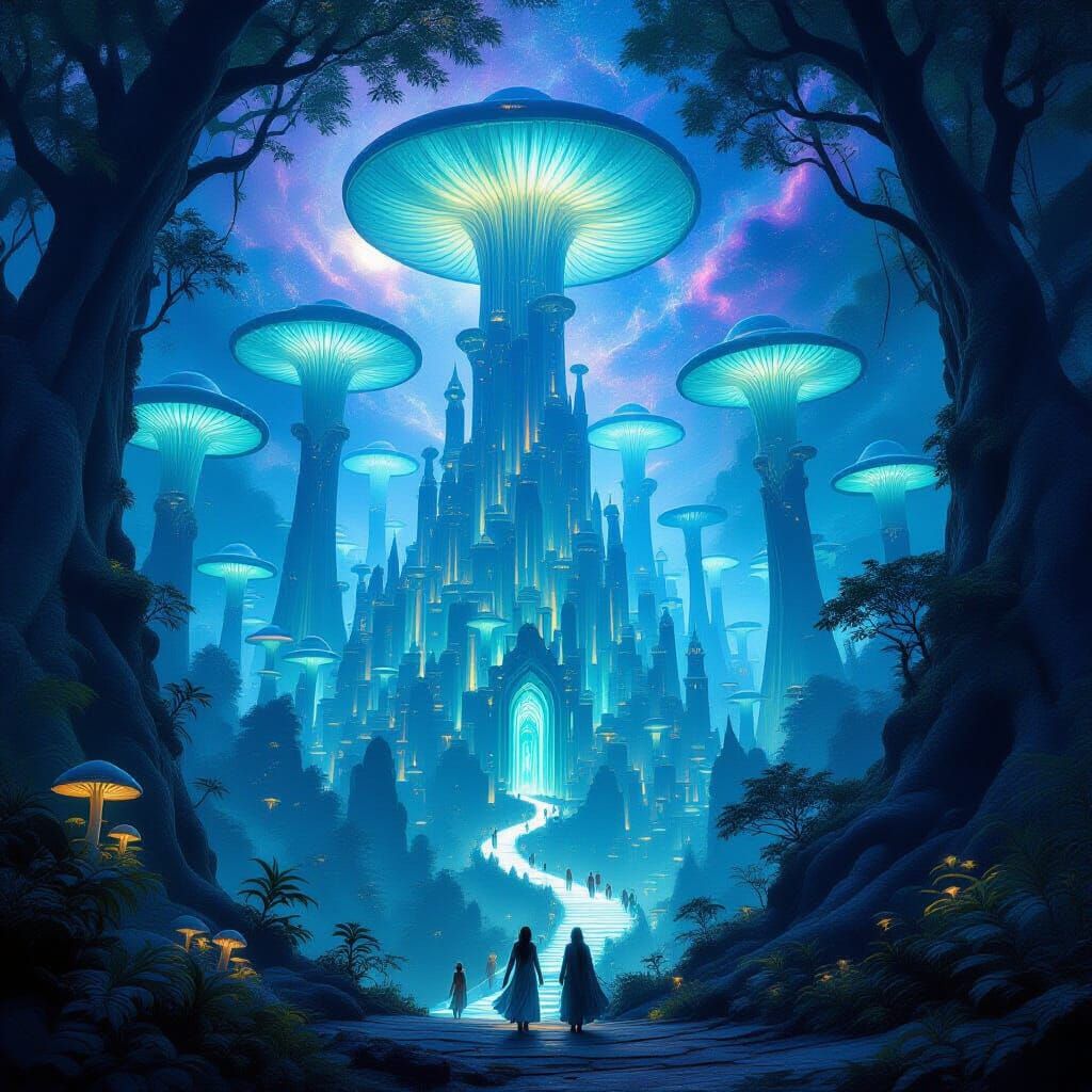 Ancient Elven City in Bioluminescent Mushroom Forest