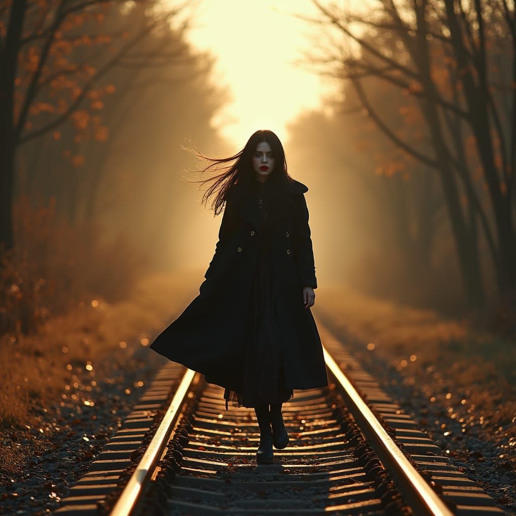Gothic Woman on Train Tracks in Burtonesque Style