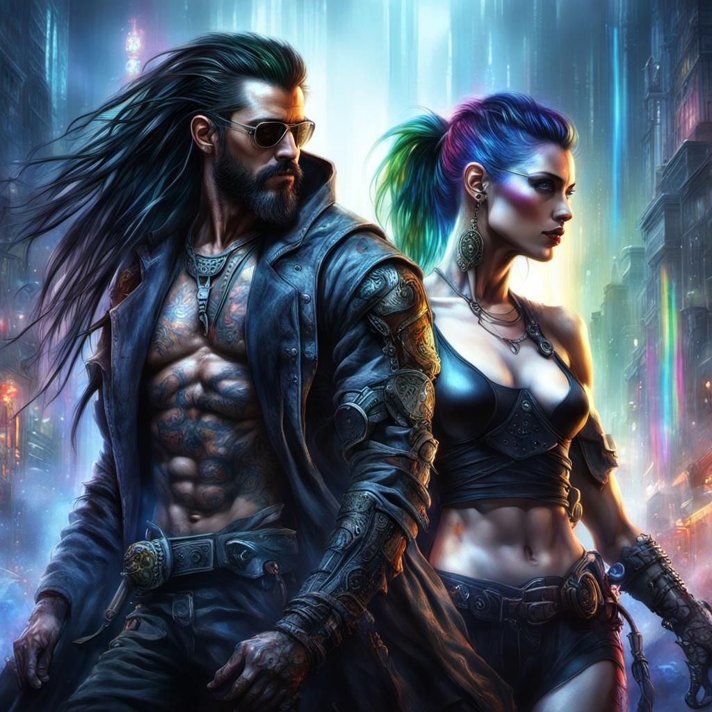 Cyberpunk Couple with Werewolf, Detailed Matte Painting