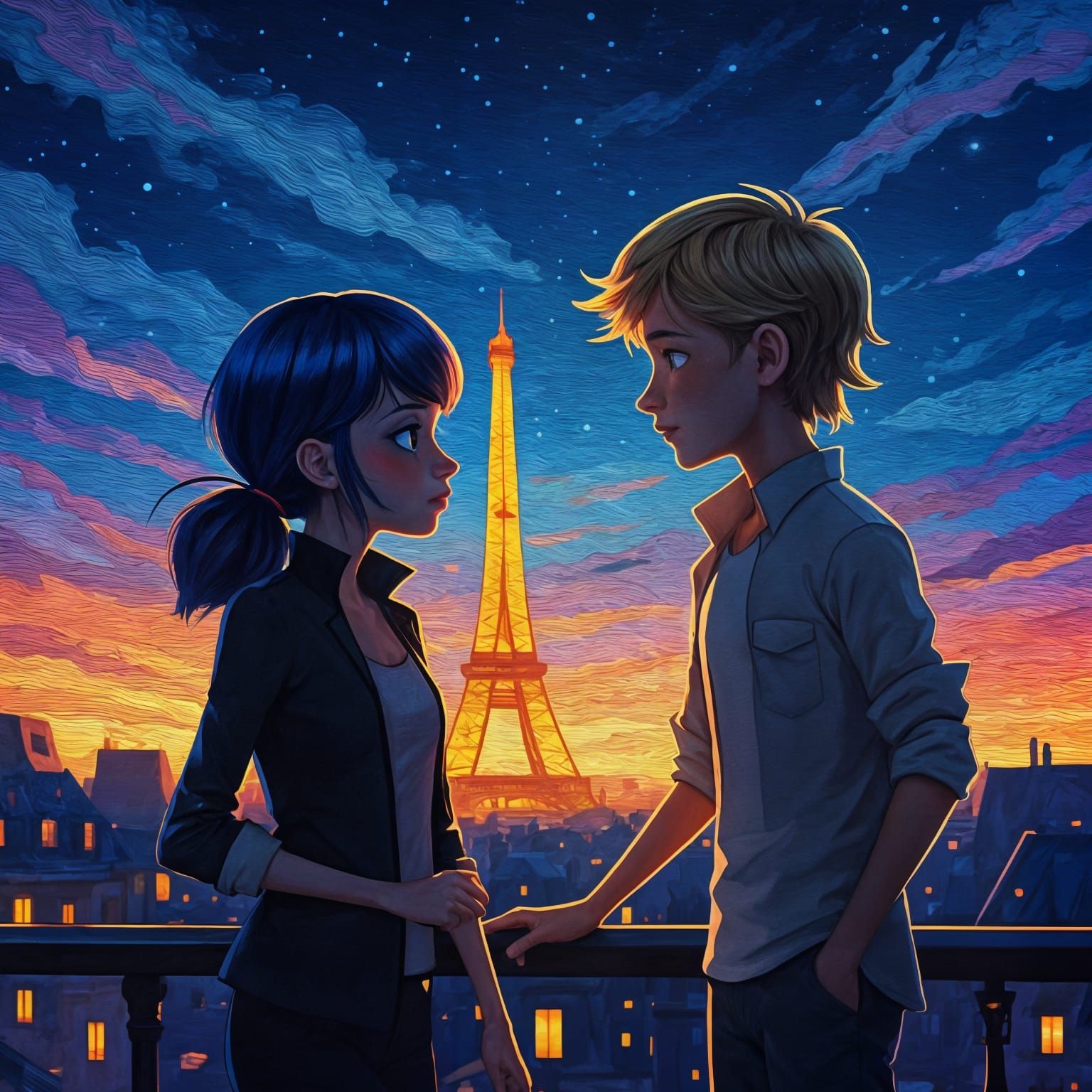 Parisian Twilight: Marinette and Adrien in Animated Impasto