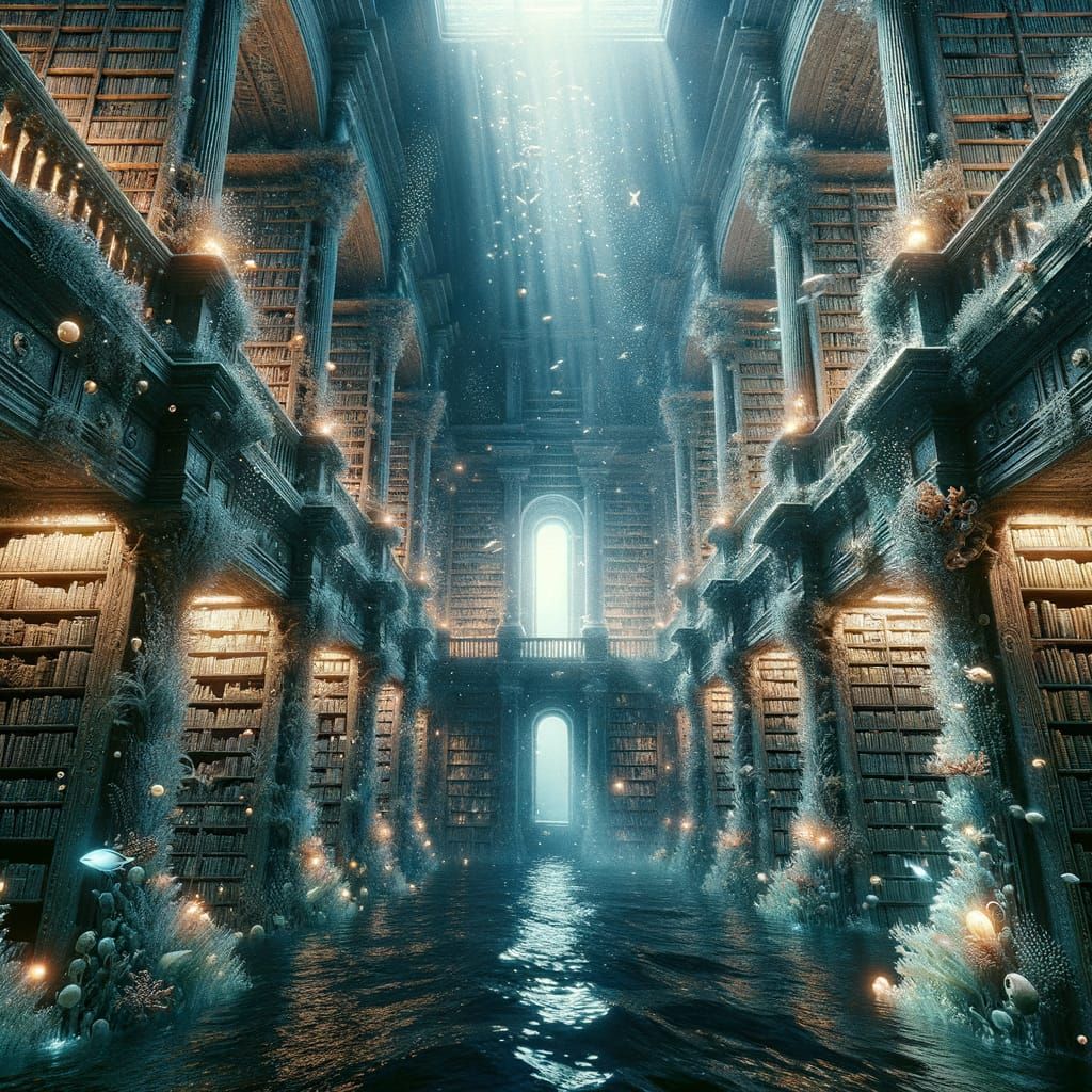 Underwater Library of Bioluminescent Books in Roman Basilica...