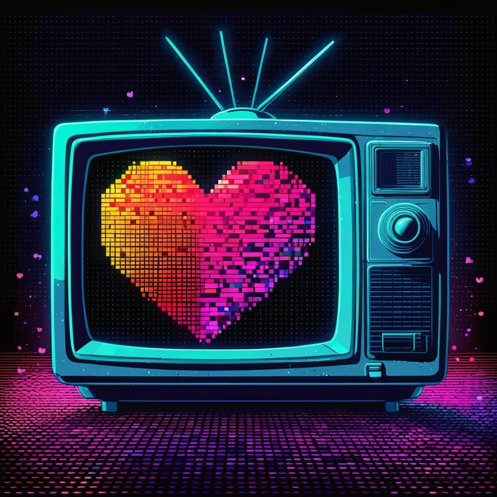 Abstract Heart on Neon TV Screen in Pixel Style