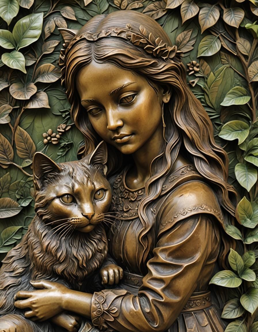 Girl and Cat Bas-Relief Sculpture in Earthy Bronze