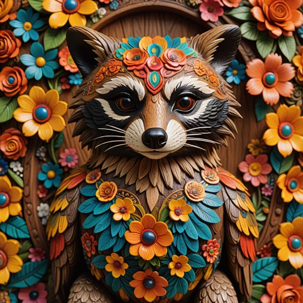 Raccoon and Eagle Alebrije in Vivid 3D Realism