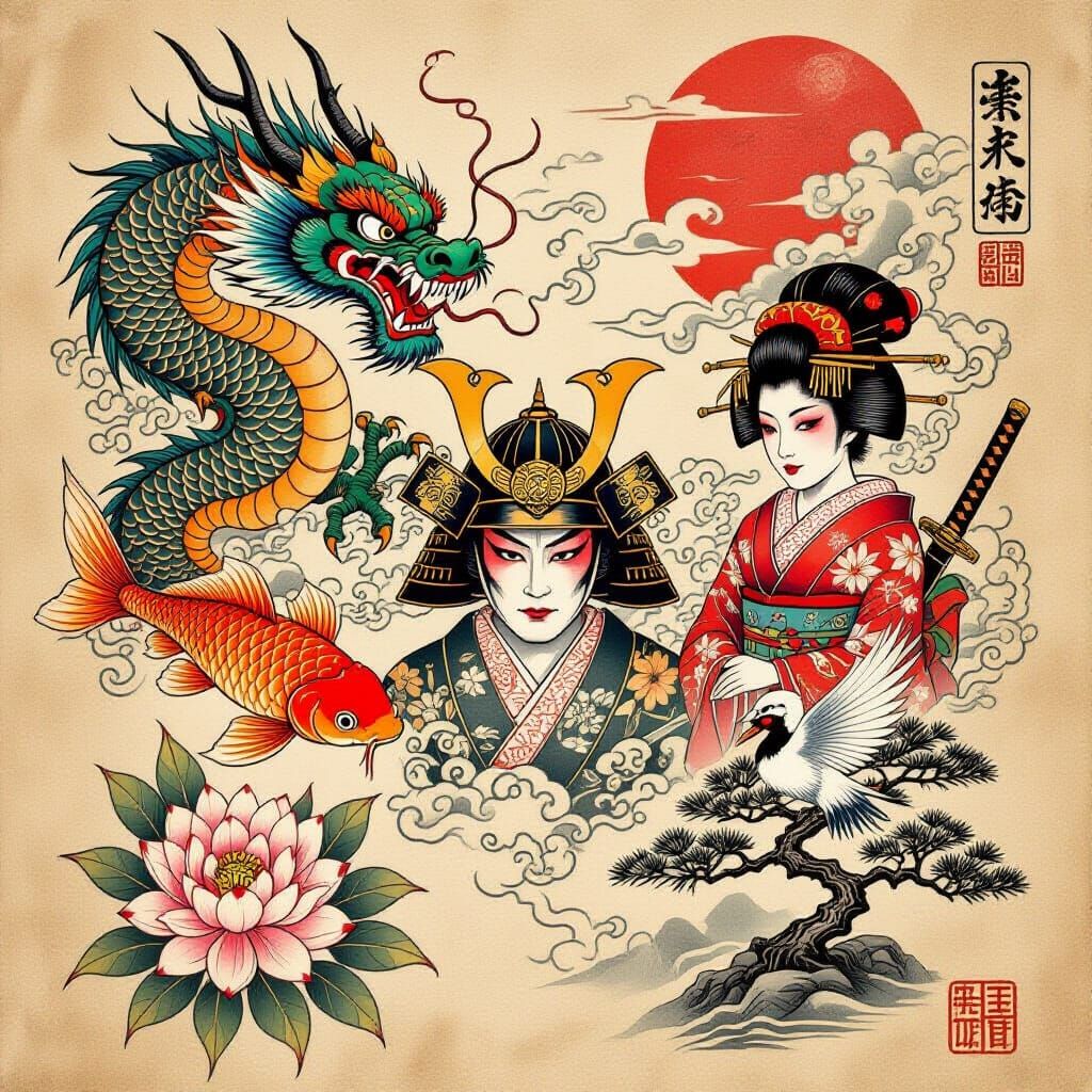 Traditional Asian Tattoo Designs on Parchment in Charcoal St...