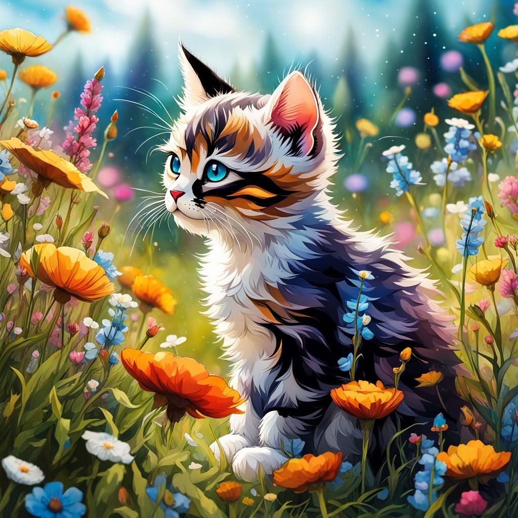 Adorable Chibi Cat in Flower Meadow Watercolor