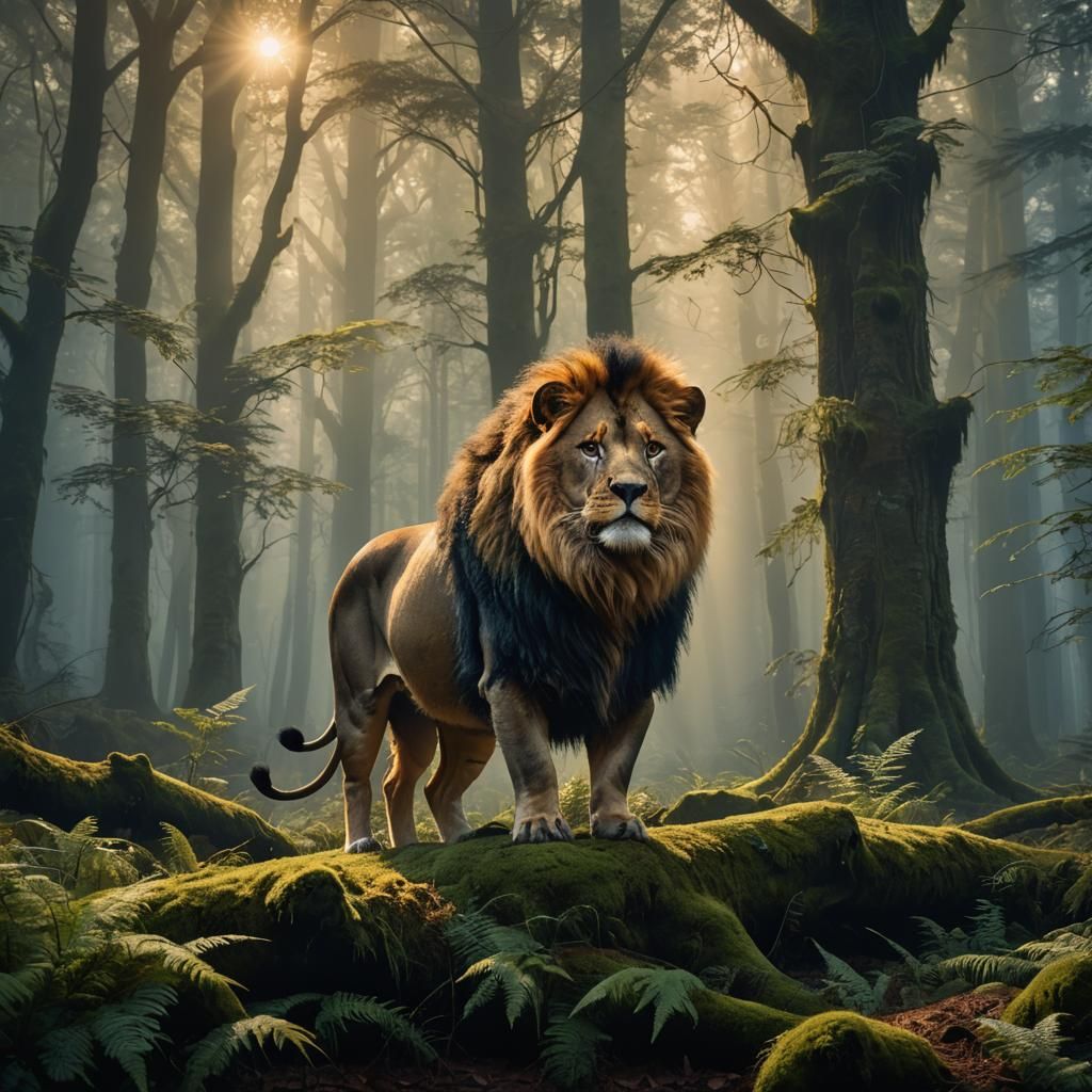 Lion-Pig Hybrid in Misty Forest: Oil Painting