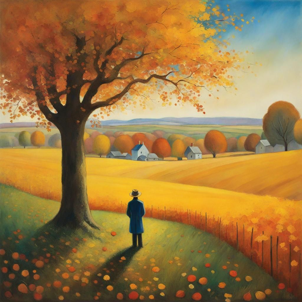 Autumnal Figure Beneath Tree in Dreamy Illustration