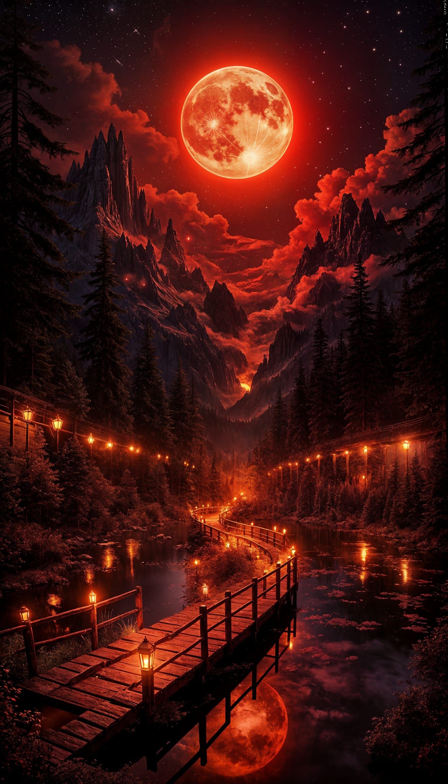 Mystical Night Landscape With Giant Red Moon