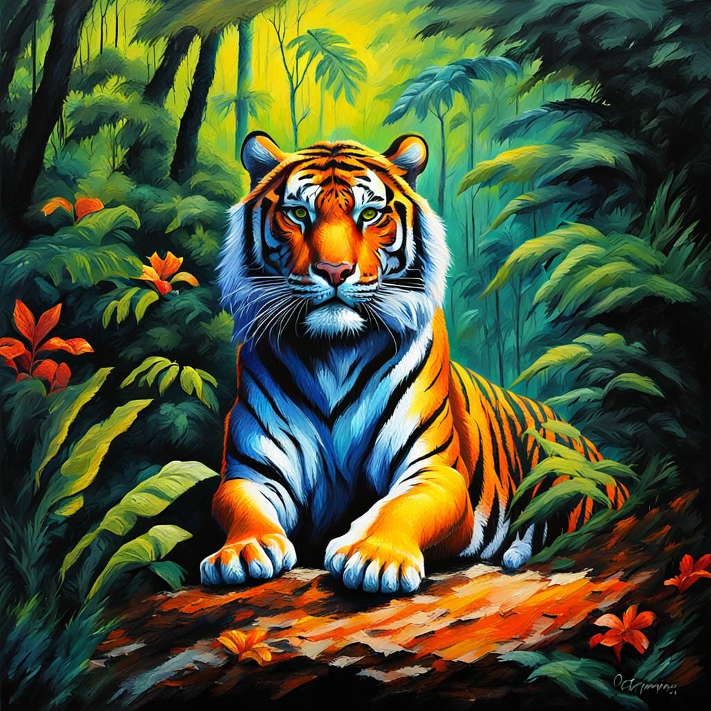 Spectacular Tiger in Rainforest, Noir Speed Painting