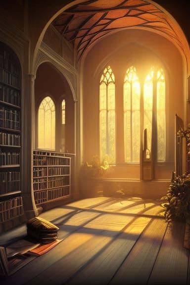 Radiant Gothic Library Scene with Woman and Dog