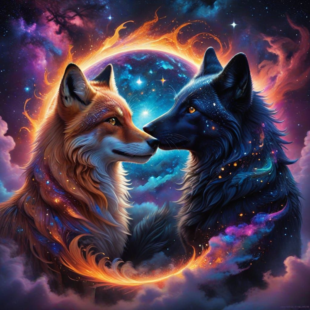 Fox and Black Wolf in Celestial Harmony