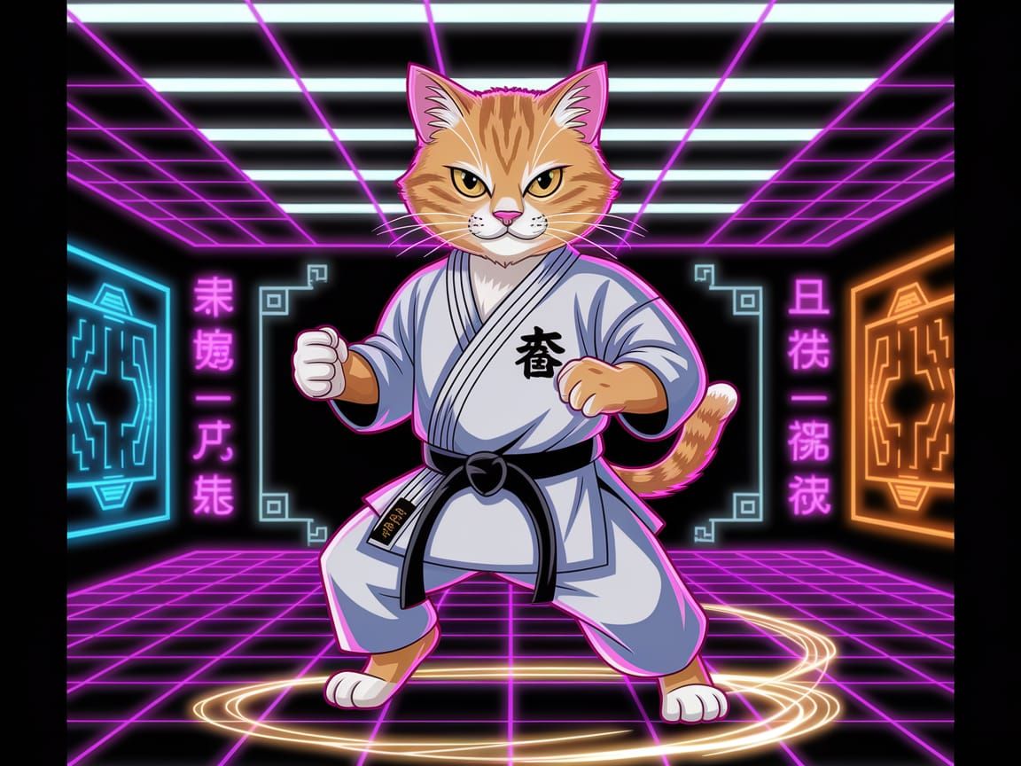 Fierce Ginger Cat in Neon Dojo, Pixel Art Style