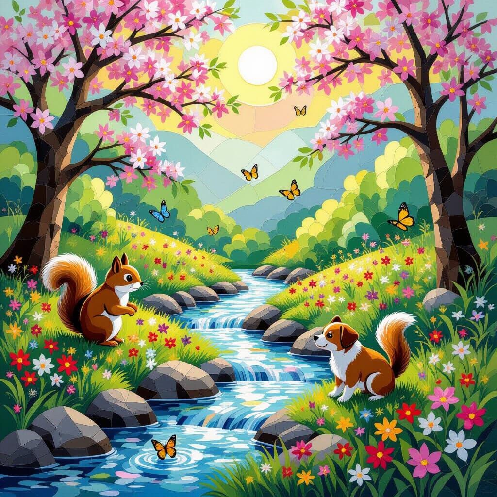 Summer Spring Landscape with Stream, Blossoms, and Animals