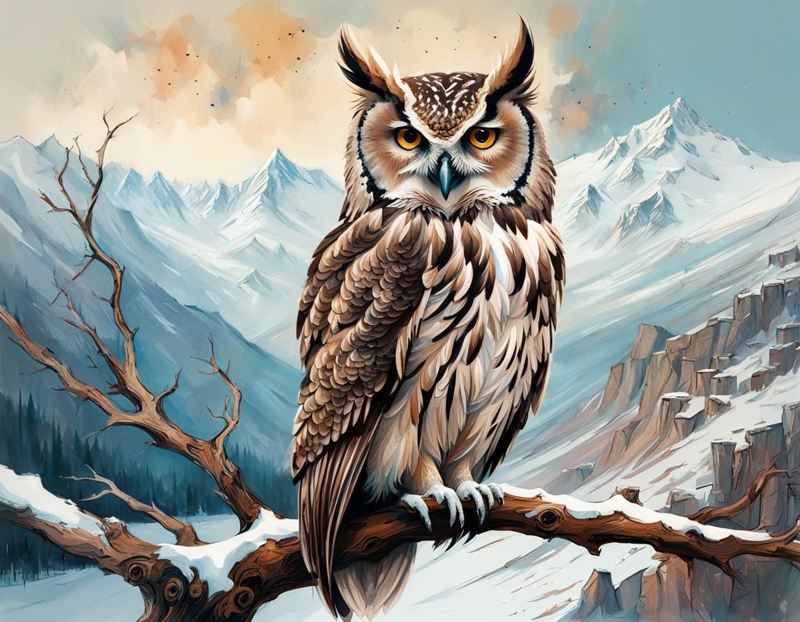 An Owl sitting on a branch in a crippled tree