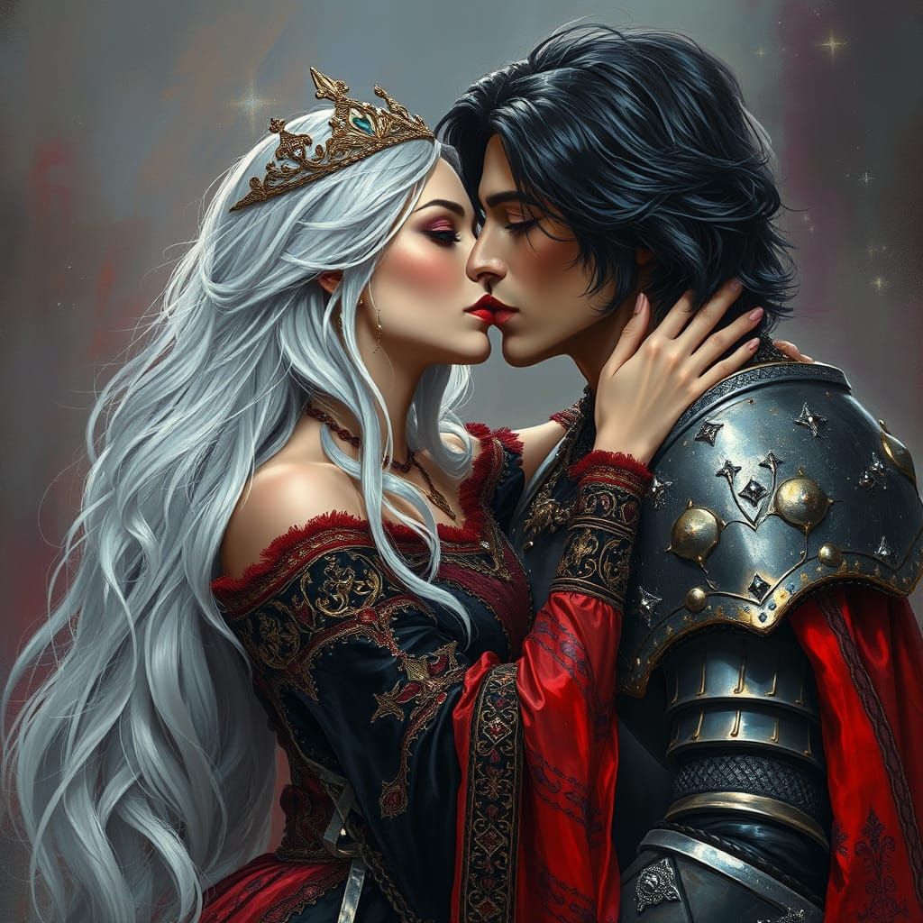 Silver Maiden Kissing Knight in Neo-Impressionist Style