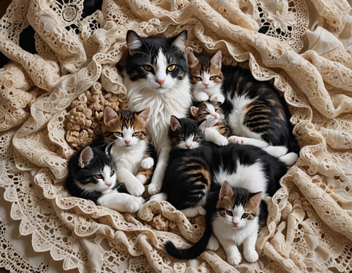 Mother Cat and Kittens: Crochet Lace Bed
