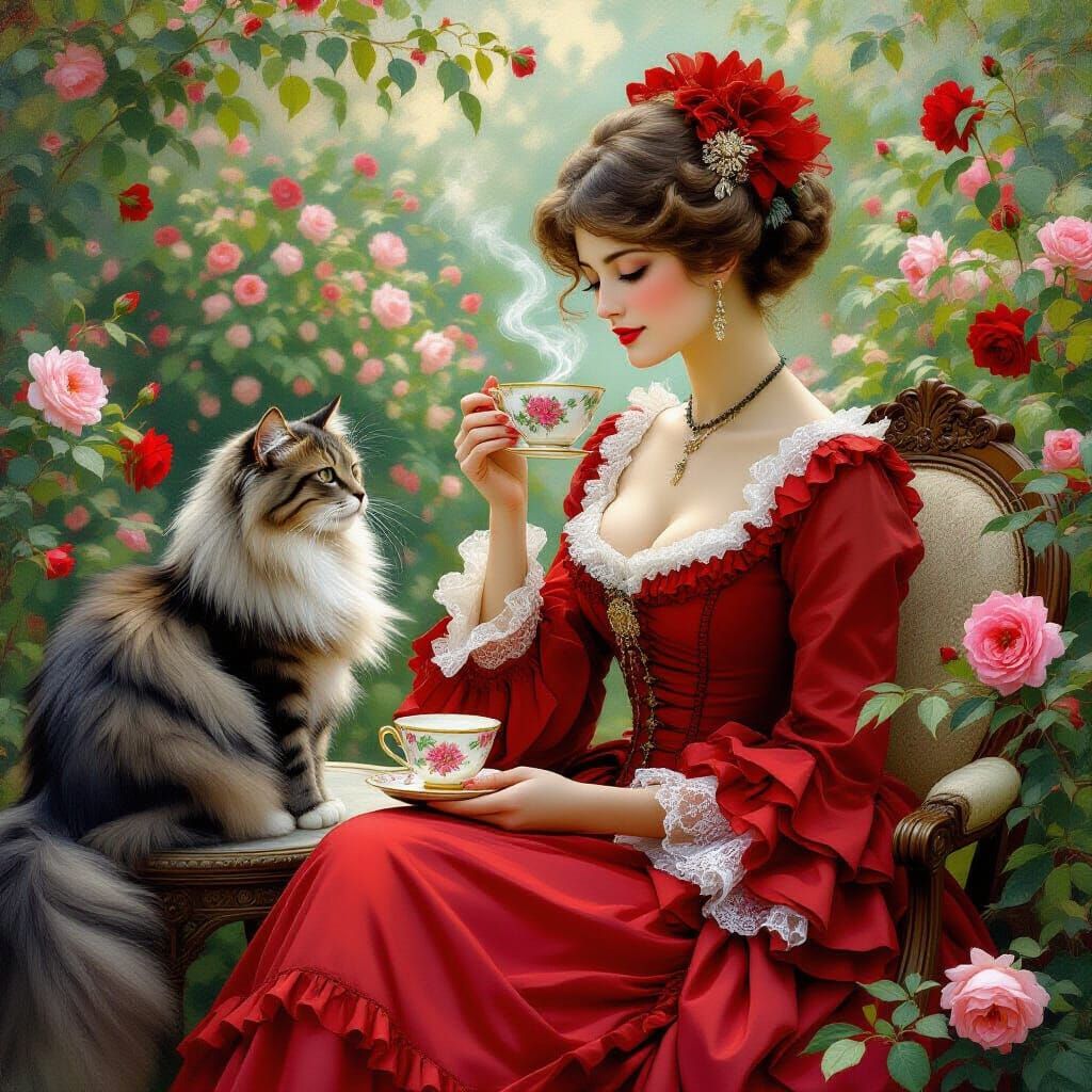 Victorian Lady with Cat in Rose Garden